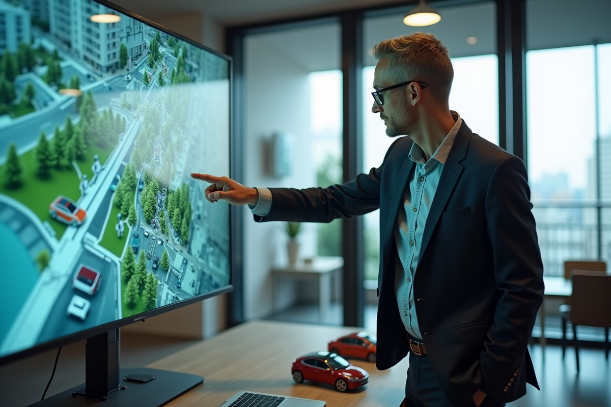 Urbaniste pointant carte digitale dans bureau contemporain