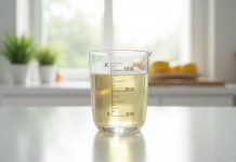 Verre mesureur rempli à 20 cl sur plan de cuisine lumineux