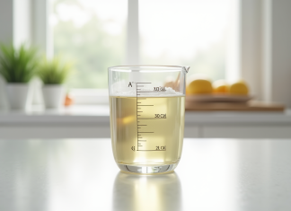 Verre mesureur rempli à 20 cl sur plan de cuisine lumineux