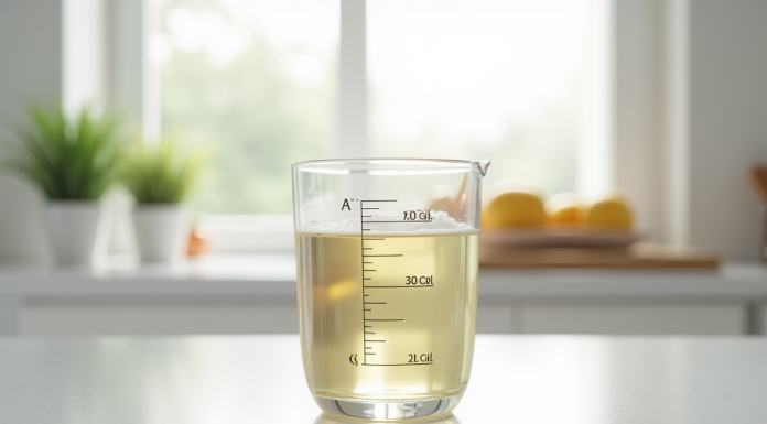 Verre mesureur rempli à 20 cl sur plan de cuisine lumineux