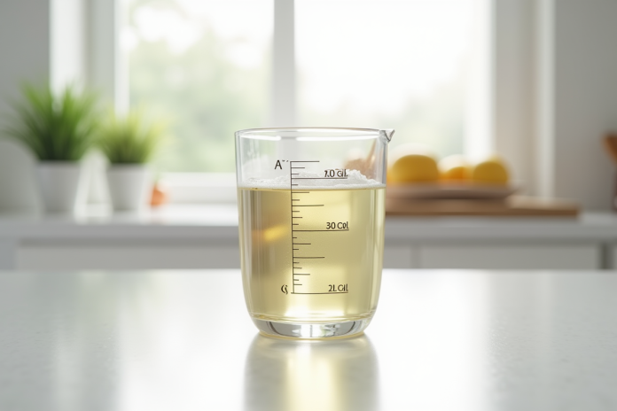 verre-mesure-cuisine Verre mesureur rempli à 20 cl sur plan de cuisine lumineux