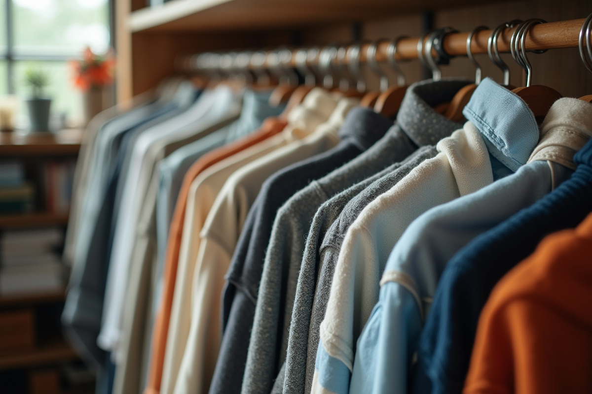 Vêtements propres pliés avec étiquettes dans une friperie chaleureuse
