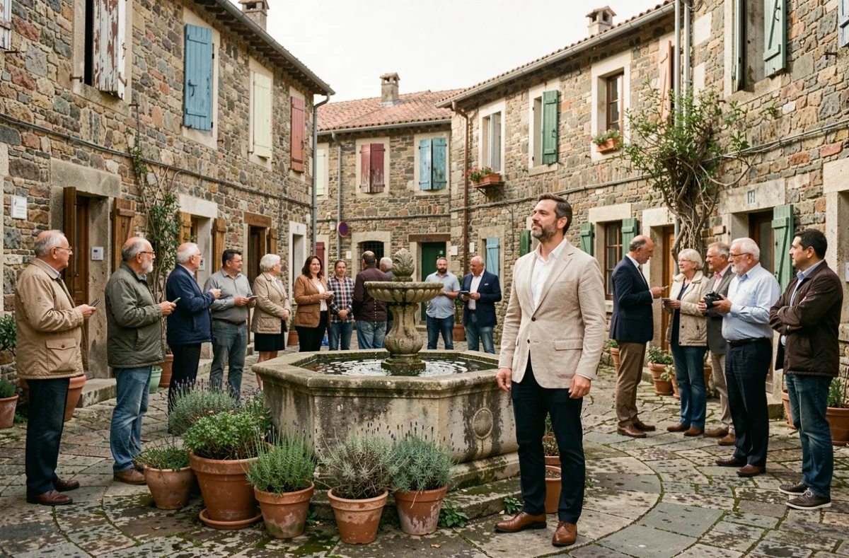 Place de village méditerranéen avec un homme aux origines corses évoquant son identité culturelle et son ancrage territorial