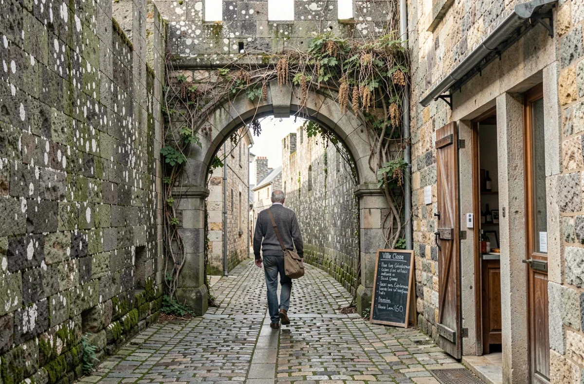 Ruelle pavée de la Ville Close de Concarneau le matin avec un local traversant une arche en granit breton
