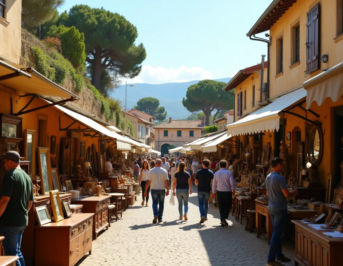 Vue panoramique d'une brocante animée dans un village perché des Alpes-Maritimes avec vue sur la Méditerranée