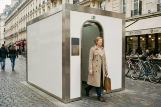 Femme approchant d'un WC public automatique moderne dans une rue parisienne